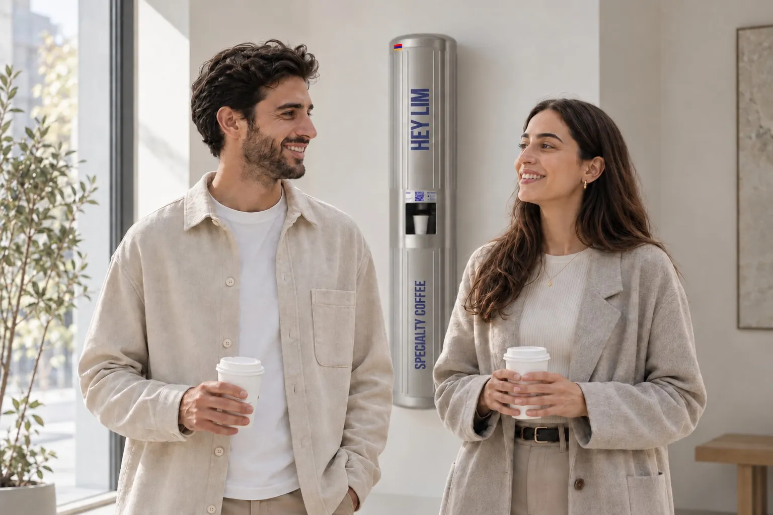Two customers holding takeaway coffee beside a HEYLIM pillar in a sunlit gallery
